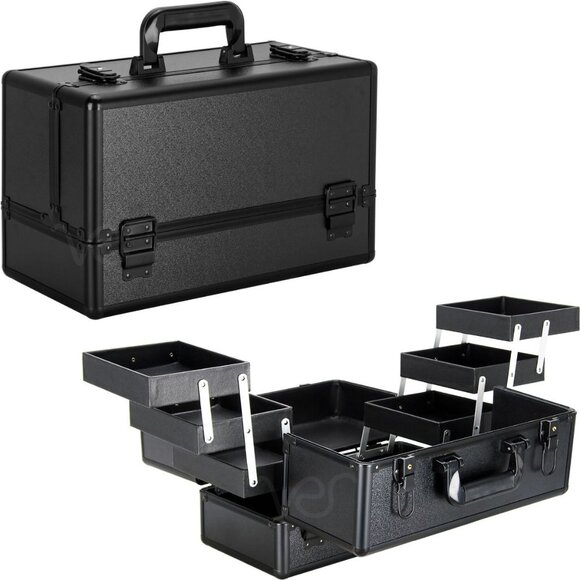 Black Matte 6-Tier Accordion Makeup Train Case Easy Slide Drawers Professional - Picture 8 of 8